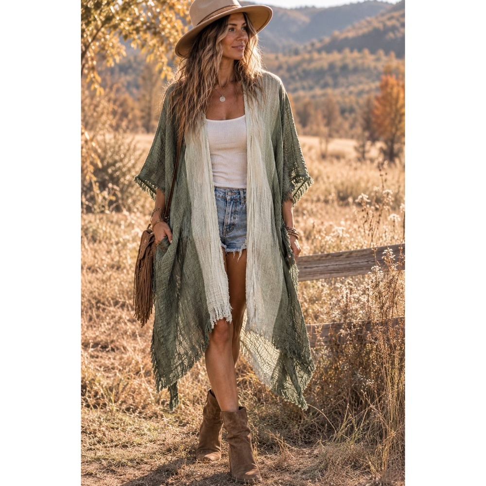 Boho Fringe Kimono Duster – Olive Green Open Front Lightweight Festival
